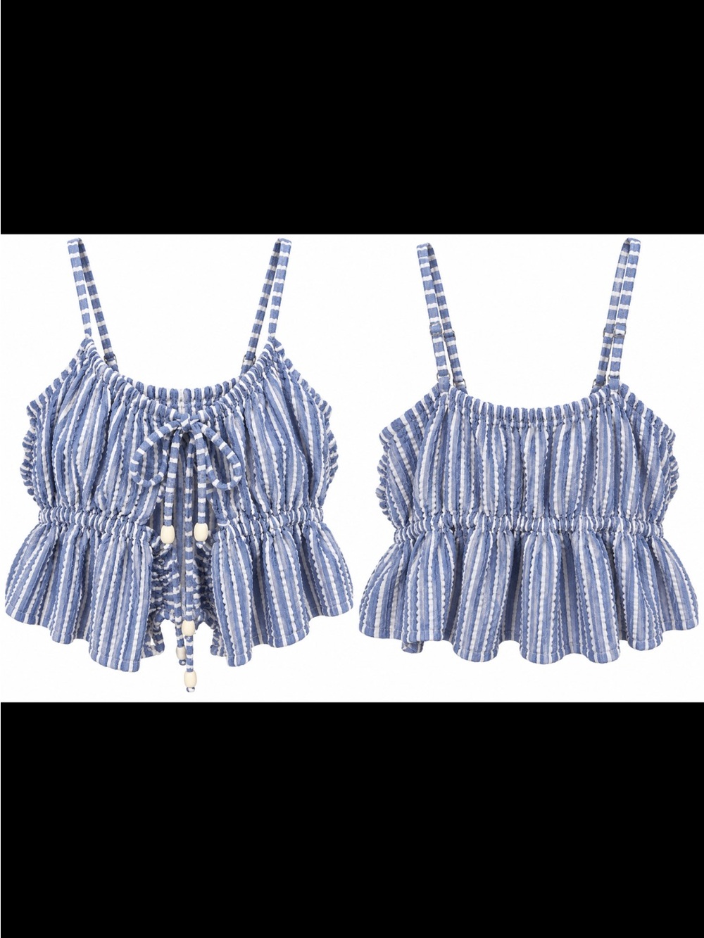 Striped Blue Ruffle Tie-Front Cropped Tank Top - Women